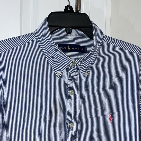 Blue White Cotton seersucker Polo by Ralph Lauren pink pony shirt Short Sleeve - Picture 1 of 5